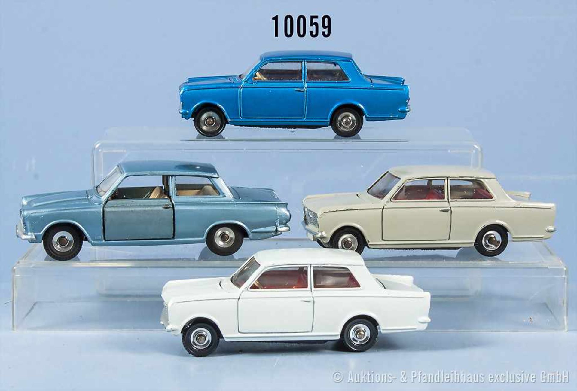 Konv. 4 Dinky Toys Fahrzeuge, 3 x 136 Vauxhall Viva (Farbvarianten) und 139 Ford Cortina,