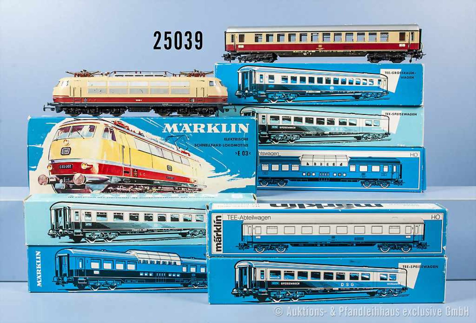 Konv. Märklin H0 D-Zug, dabei 3053 E-Lok der DB, BN 103 002-2 sowie 4085, 4086 (1 Radsatz fehlt),