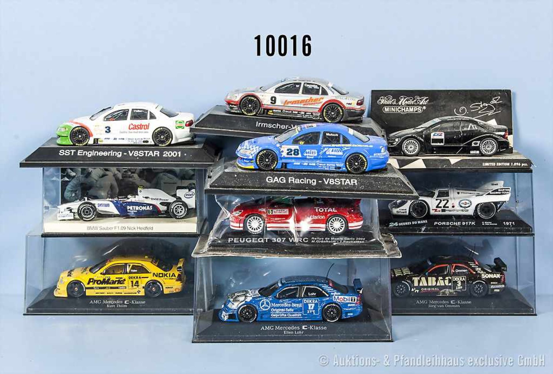 Konv. 10 Rennwagen, dabei Formel 1, DTM uns Nascar, Kunststoff- und Metallausf., M 1:43, versch.