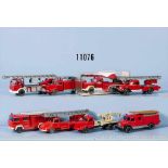Konv. 8 Wiking H0 Modellfahrzeuge Feuerwehr, u. a. 1058, 1059/2 (teilweise bemalt), 1062/4, 1066/