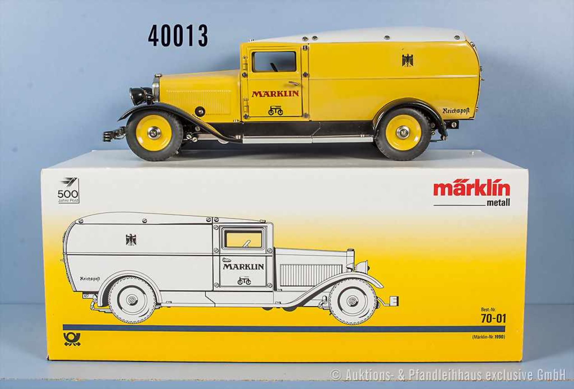 Märklin Reichspostwagen Nr. 70-01 (1990), gelb lack. Blechausf. mit grauem Dach, 2 Fahrertüren und 1