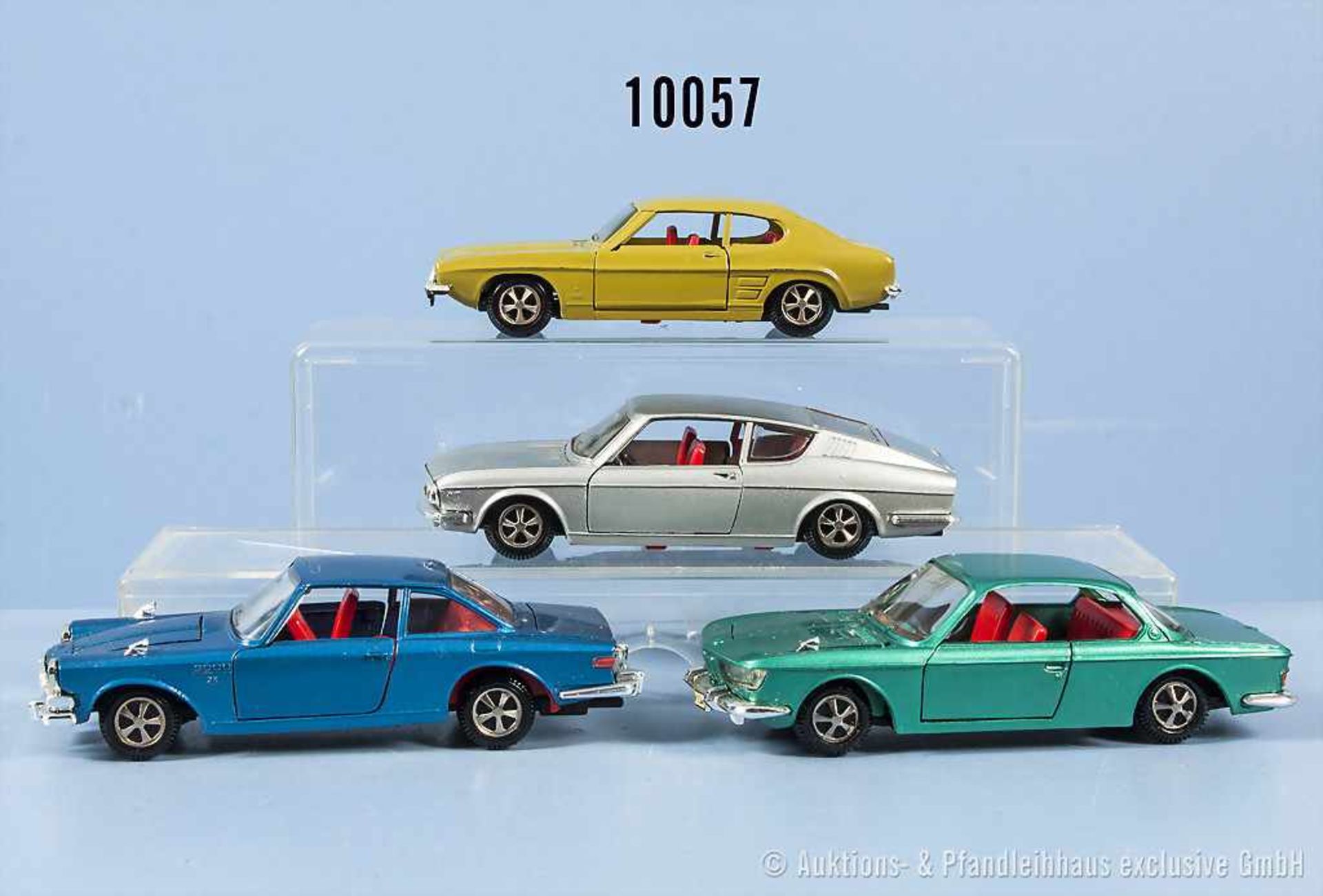 Konv. 4 Märklin Rak Fahrzeuge, dabei Audi 100 Coupe, Ford Capri, BMW 2000 CS und BMW Glas 3000 V8,