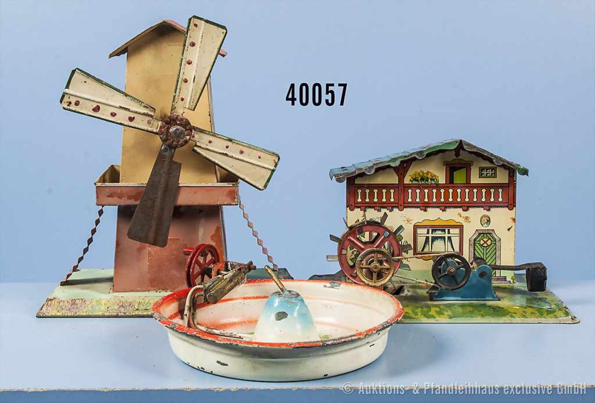 Konv. 3 Antriebsmodelle, Wassermühle mit Hammerwerk, Springbrunnen und Windmühle, handlack. und