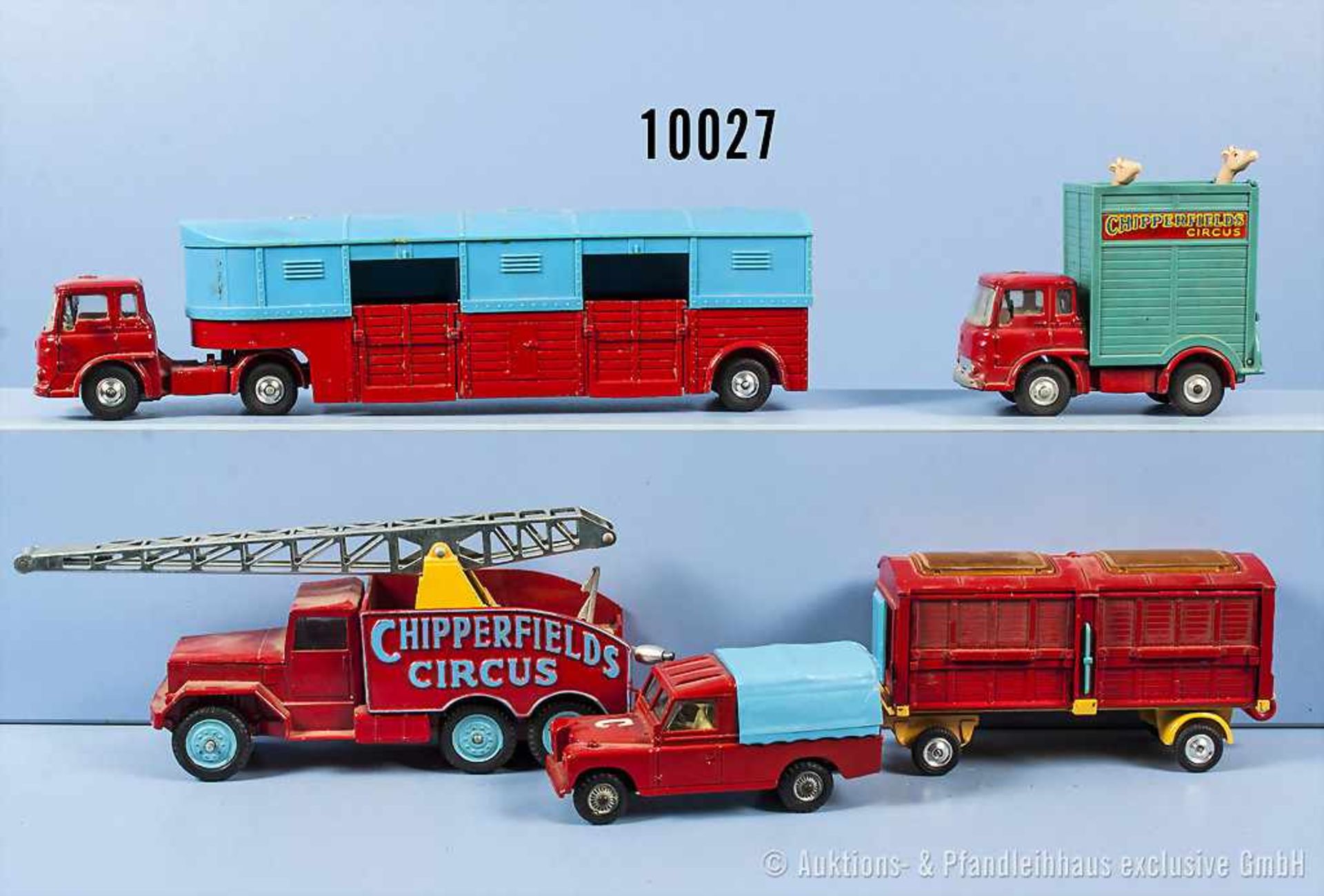 Konv. 5 Corgi Toys Fahrzeuge Circus Chipperfields, 1121 (Seil und Haken fehlen), 1123, 503 und