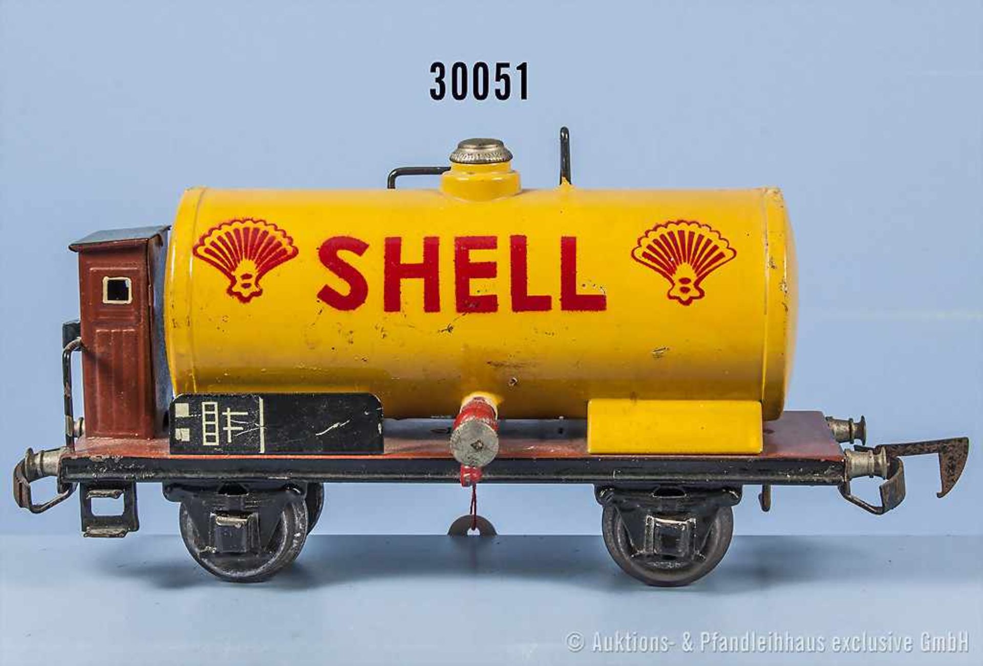 Märklin Spur 0 1774 S Kesselwagen "Shell" mit Bremserhaus, handlack. Blechausf., mit Einfüllschraube