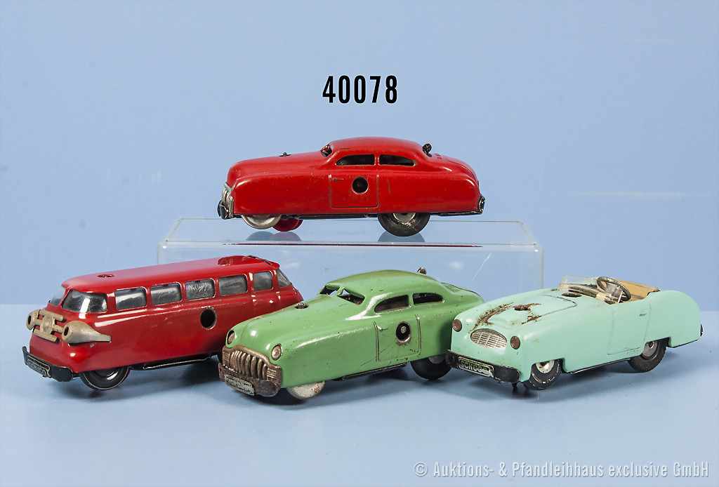 Konv. 4 Schuco Varianto Fahrzeuge, 2 x 3041 (Varianten), 3045 und 3044 (Uhrwerk fehlt), lack.