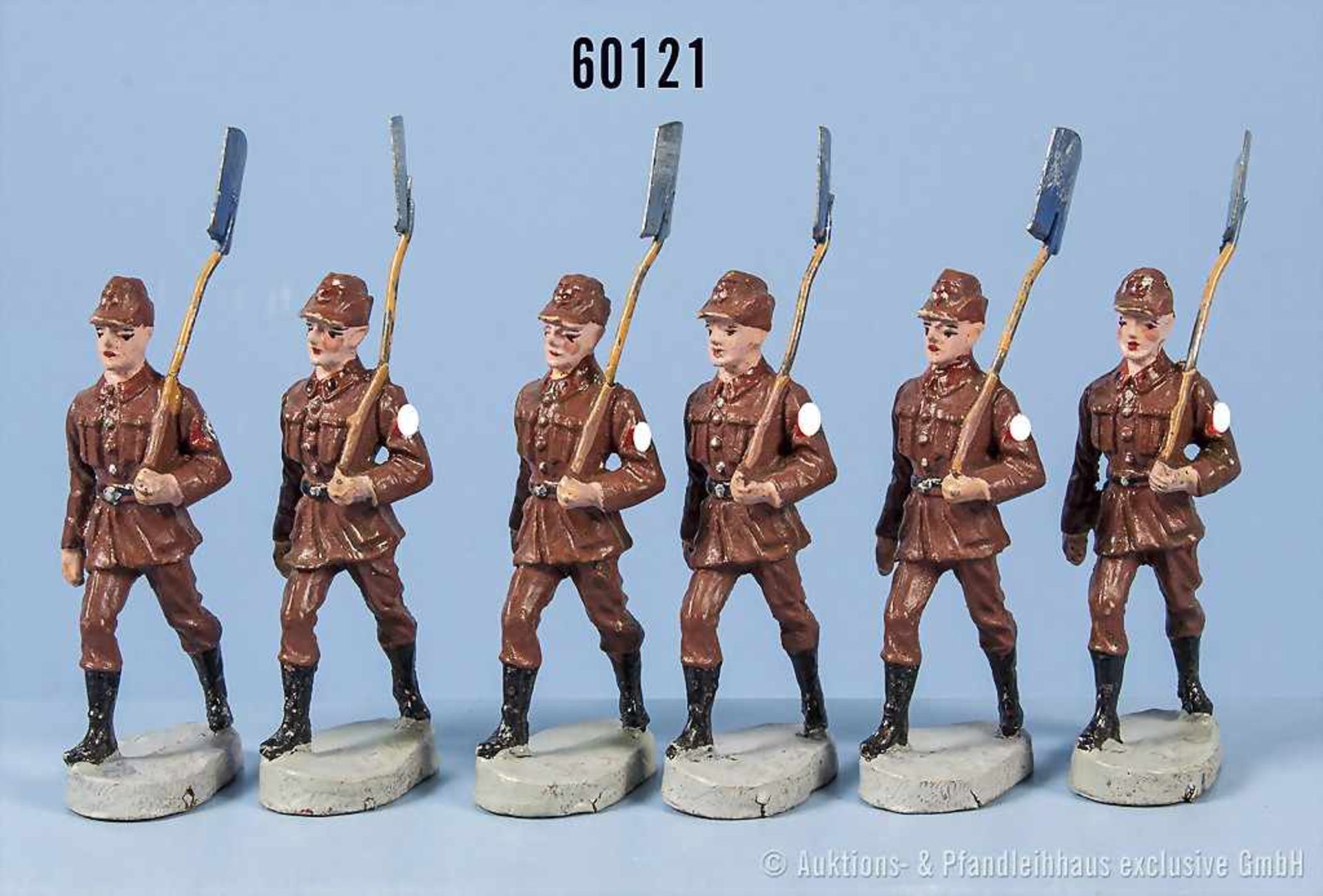 Konv. 6 Elastolin RAD-Männer mit Spaten im Marsch, h. M., 7 cm Serie, sehr guter Zustand, made in