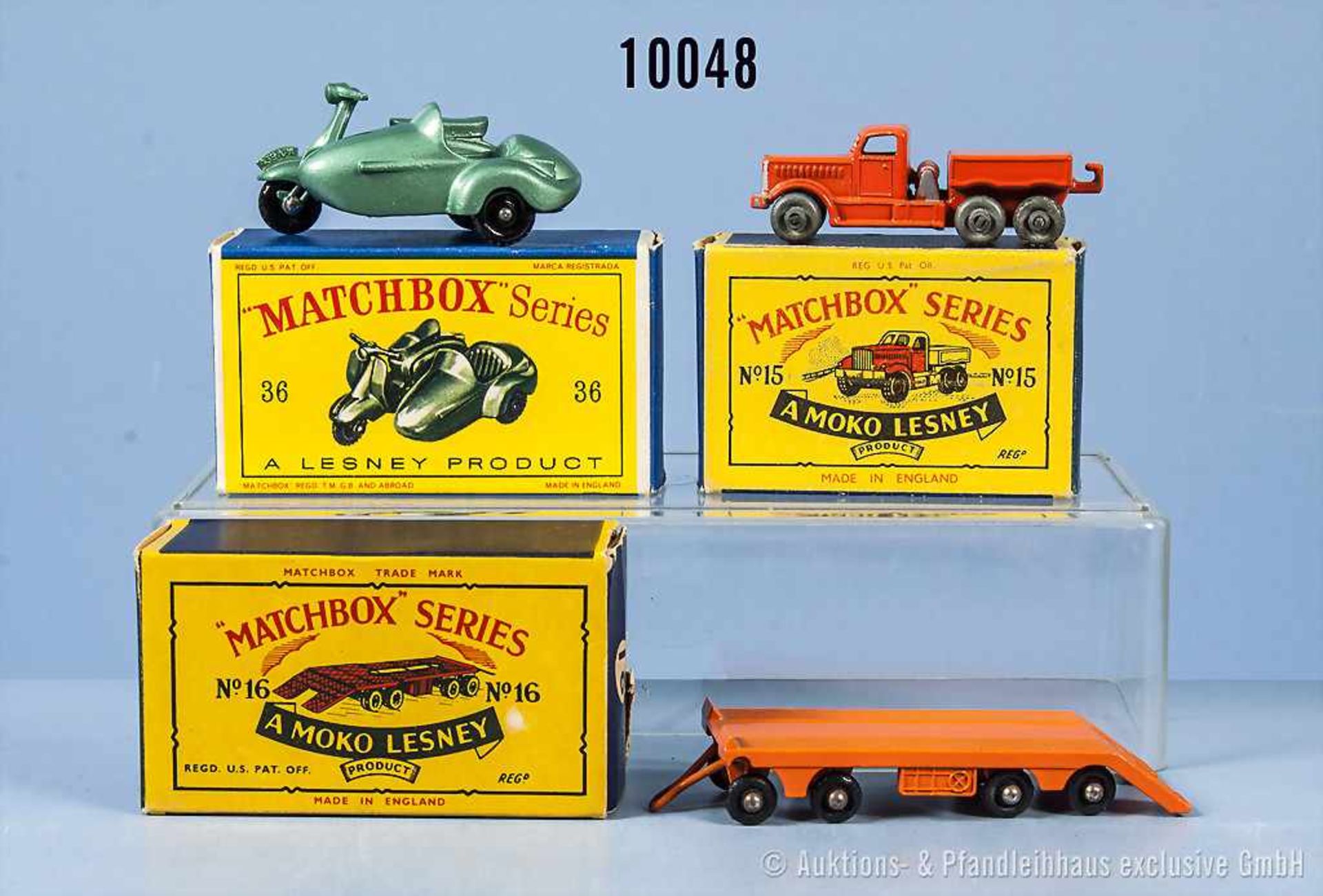 Konv. 2 Matchbox Fahrzeuge und 1 Anhänger Serie 1-75, Nr. 15 A, 16 B und 36 B, lack. Blechausf.,