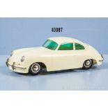 Dux Porsche, weiße Kunststoffausf. mit Blechboden, Uhrwerkantrieb, gummibereift, L 12 cm, sehr guter