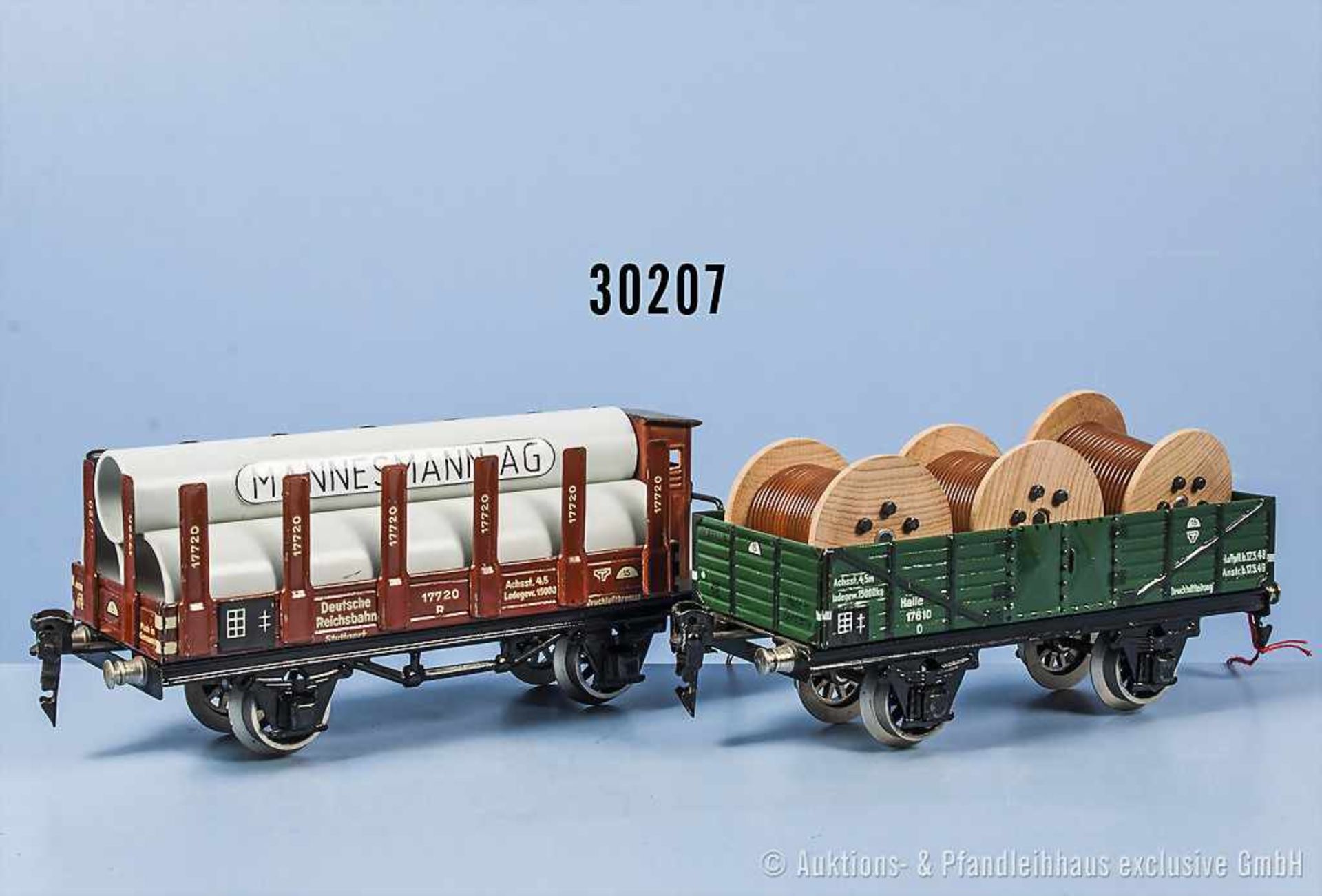 Konv. 2 Märklin Spur 0 Güterwagen, dabei 1761 Hochbordwagen und 1772 Rungenwagen, alles lack.