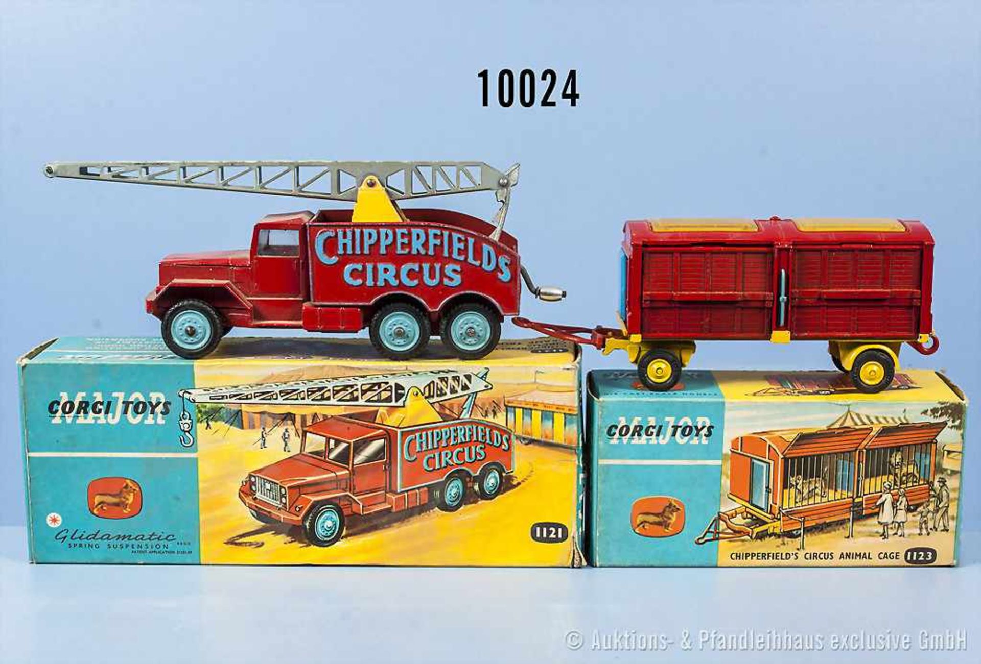 Konv. 2 Corgi Major Toys Circus Chipperfields, Nr. 1121 Crane Truck (Seil und Haken fehlen) sowie