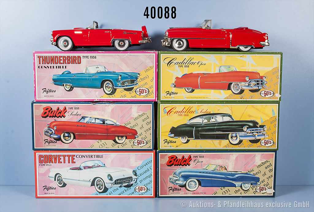 Konv. 6 Fahrzeuge aus der Fifties Serie, dabei 2 x Cadillac, Cabriolet rot und Limousine blau, 2