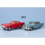 Konv. 2 Dinky Toys Modellfahrzeuge, 116 Volvo 1800 S und 186 Mercedes Benz 220 SE, lack.