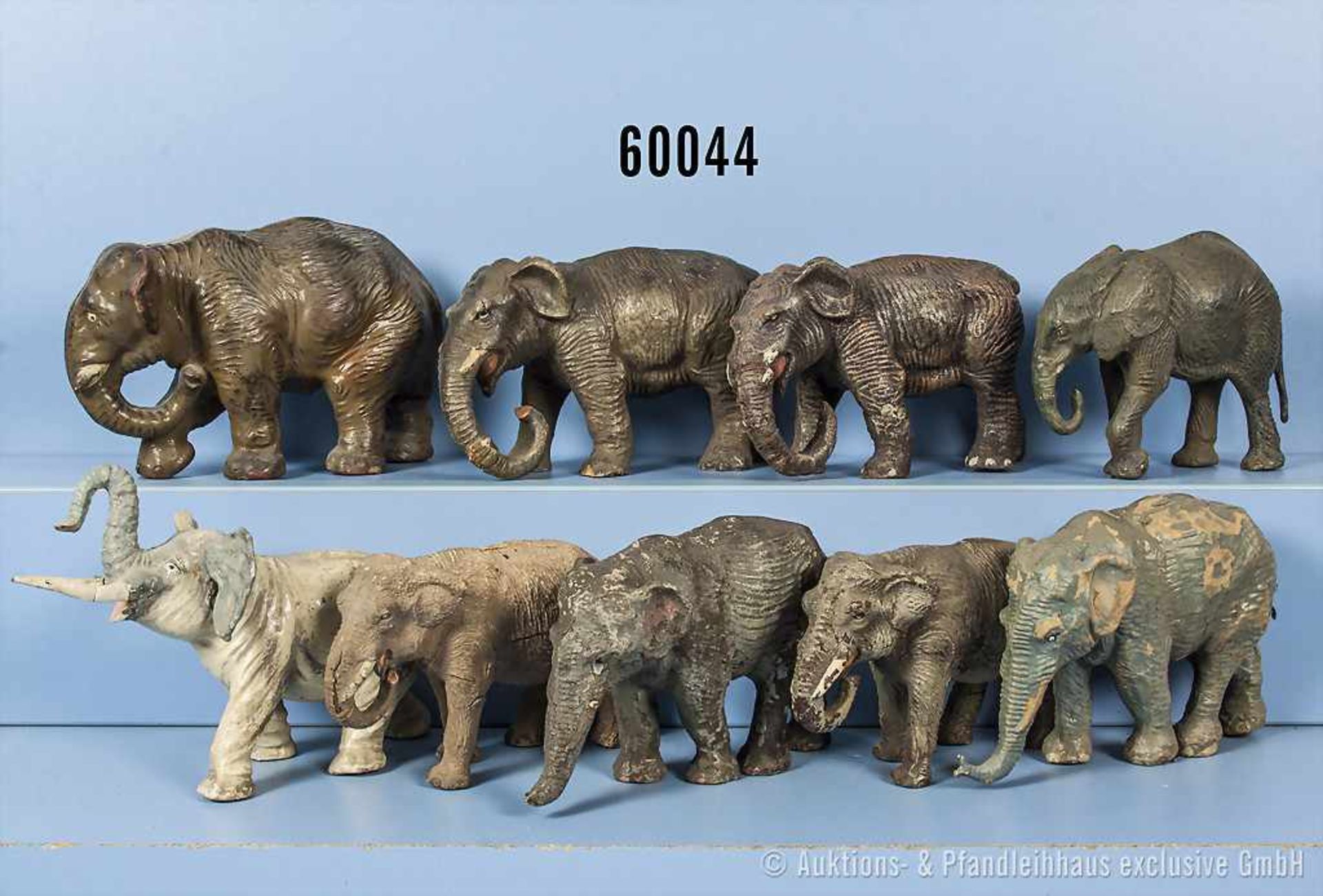 Konv. 9 Elefanten, teilweise versch. Darstellungen, h. M., H bis 11,5 cm, teilweise versch.