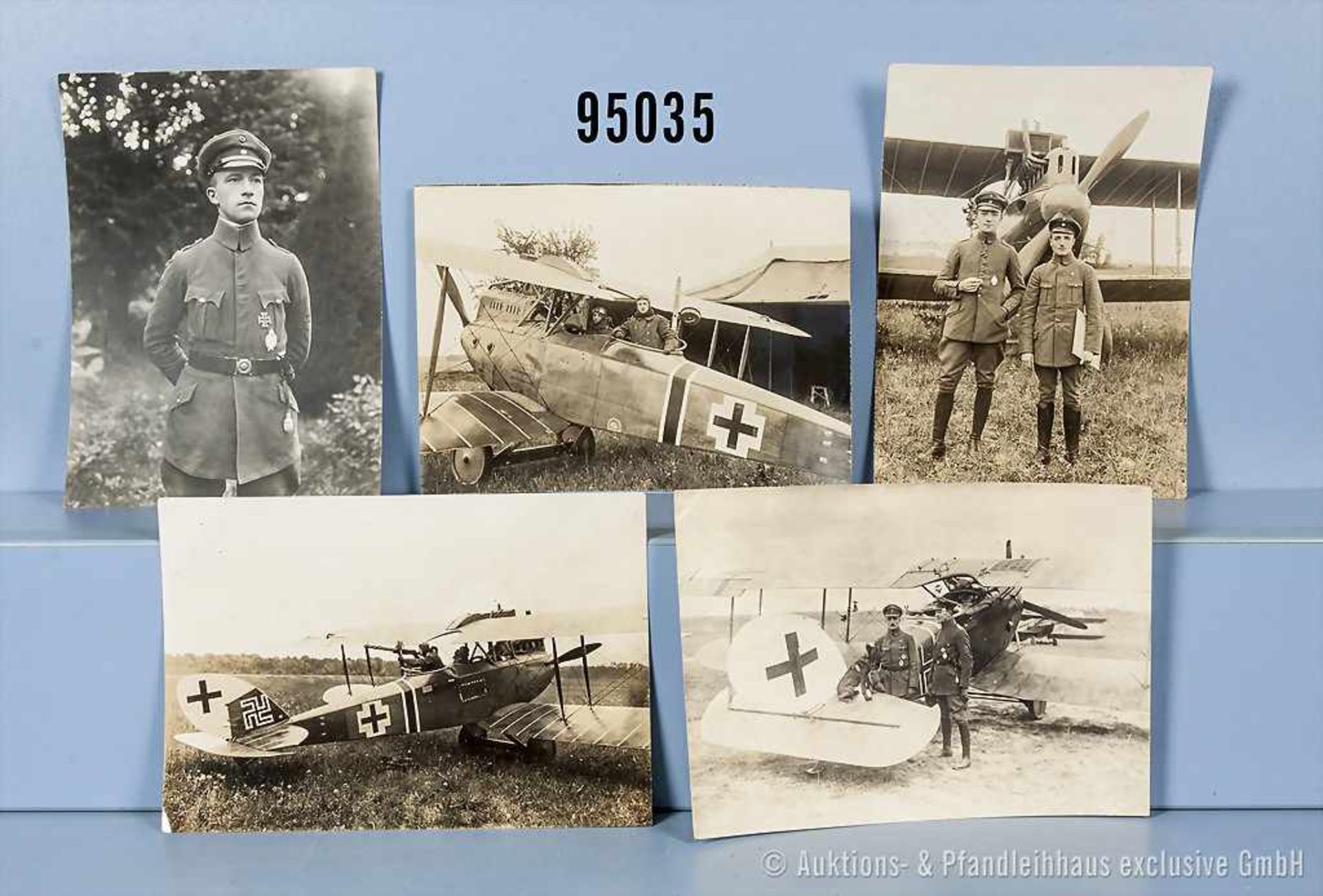 Konv. 5 großformatige Fotos Fliegertruppe 1. WK, 4 Jagdflugzeuge und Portrait eines Piloten, guter