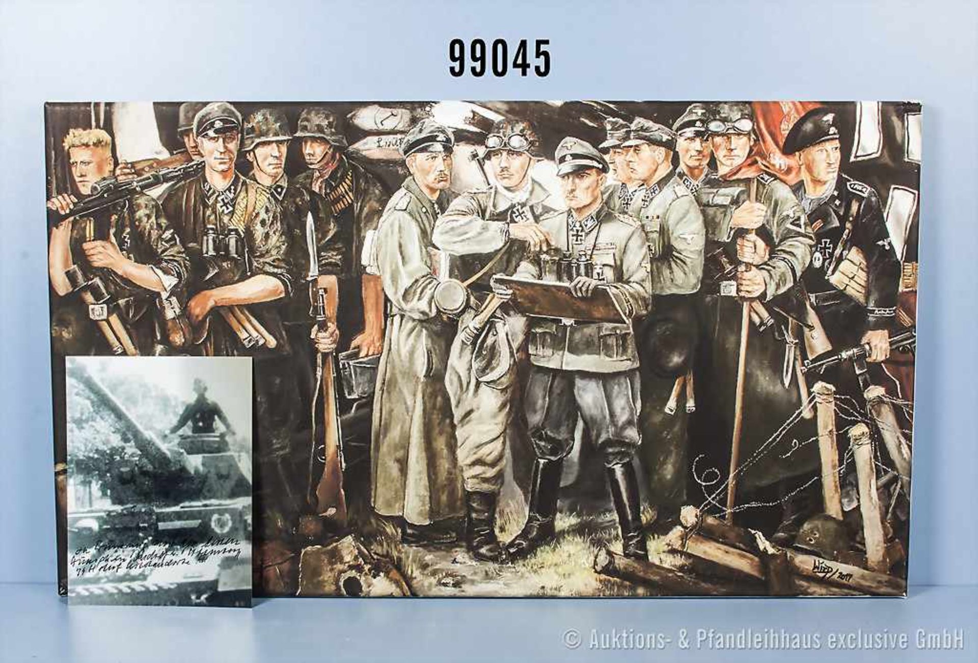 Druckgraphik auf Keilrahmen gezogen "Die Ritterkreuzträger der Leibstandarte 1942", signiert "Wirp