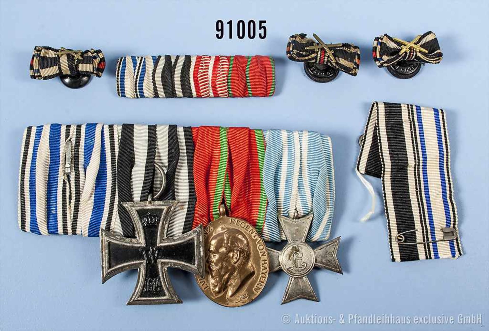 Konv. 4er Ordenspange, Bayern Ordensband vom MVO, EK 2 1914, Jubiläumsmedaille für die Bayerische