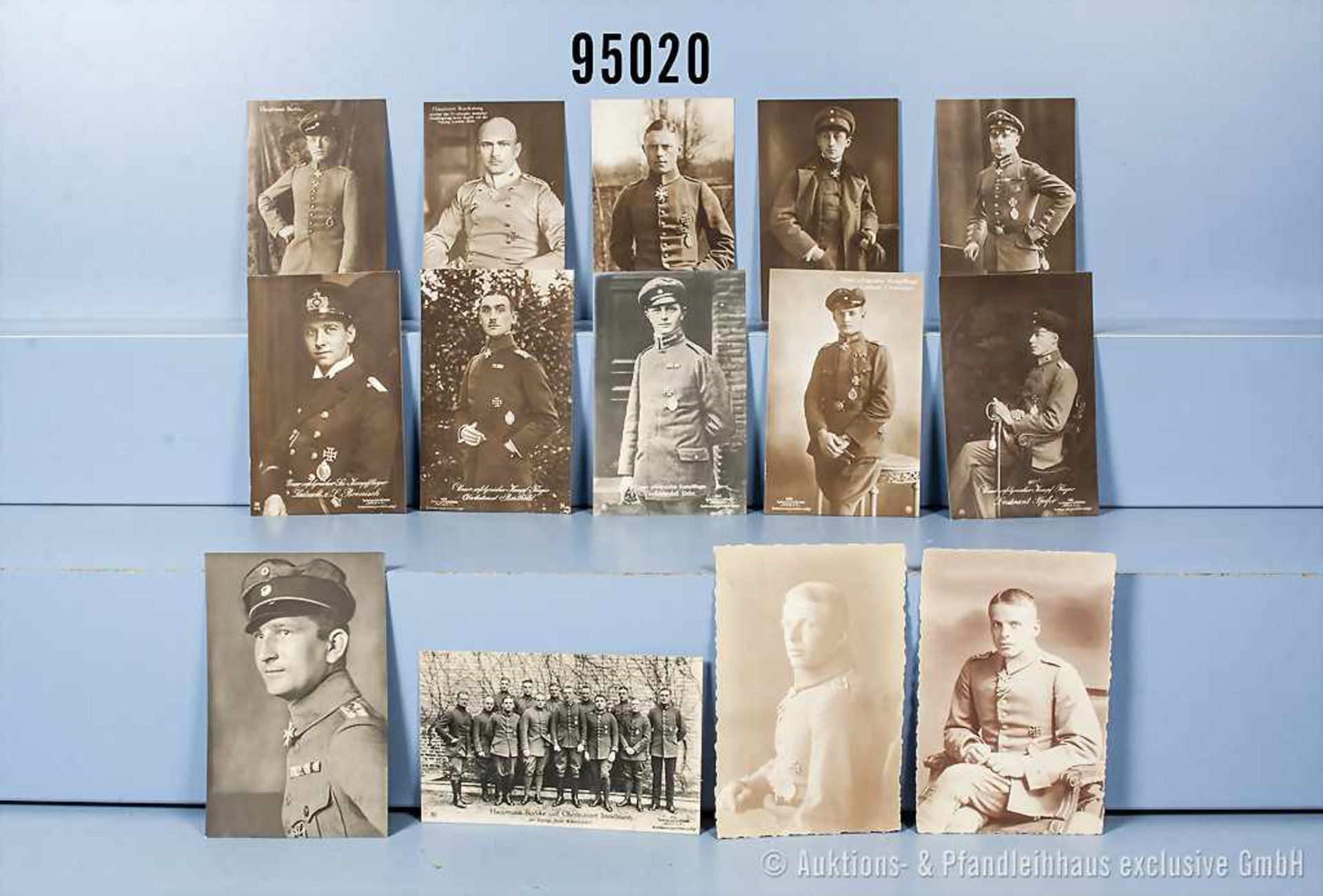 Konv. 14 Fotopostkarten Flieger bzw. Piloten 1. WK, überwiegend Portraits mit "Pour le Mérite",