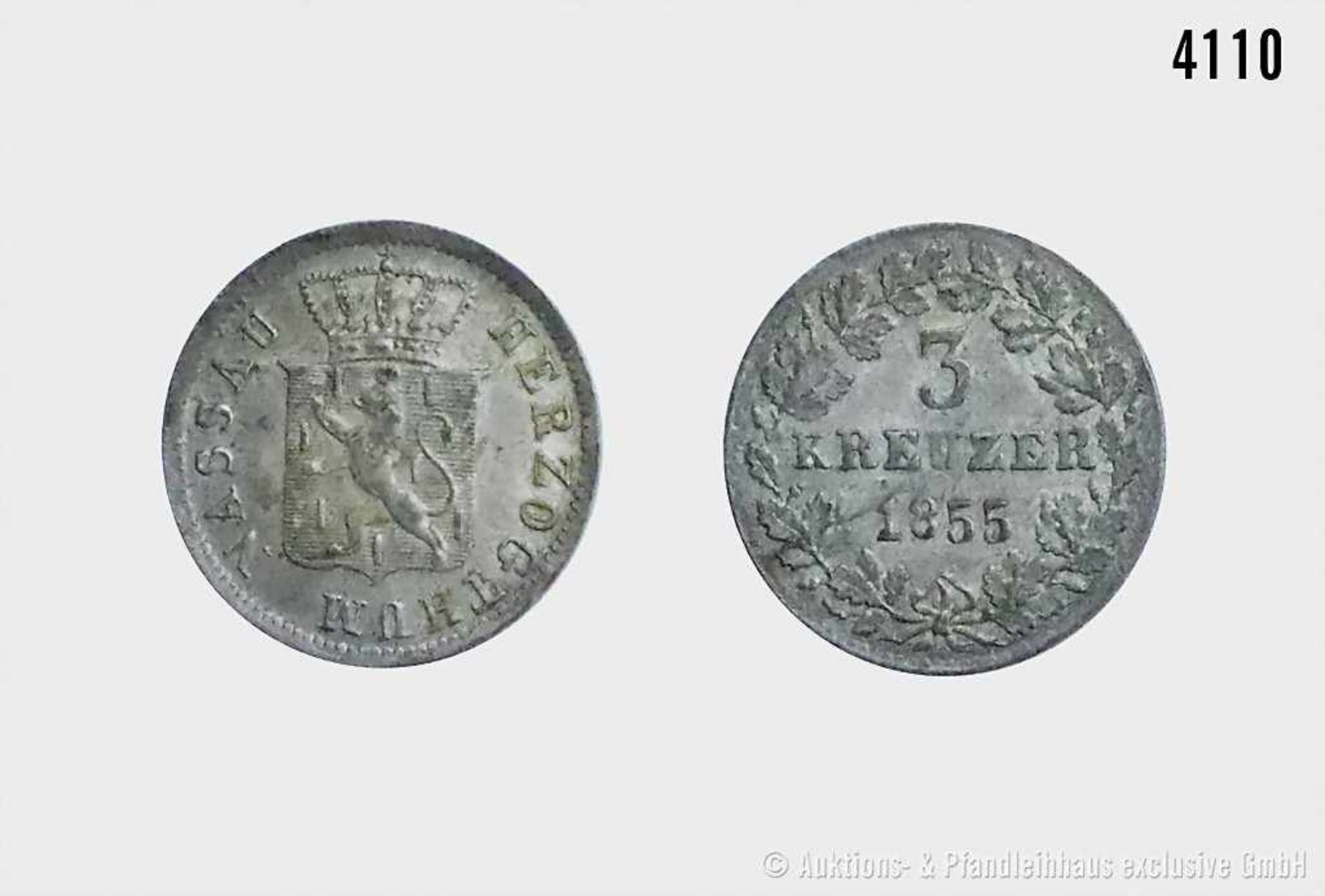 Herzogtum Nassau, 3 Kreuzer 1855. 1,27 g; 17 mm. AKS 70; Jaeger 46. Patina, fast vorzüglich.- - -