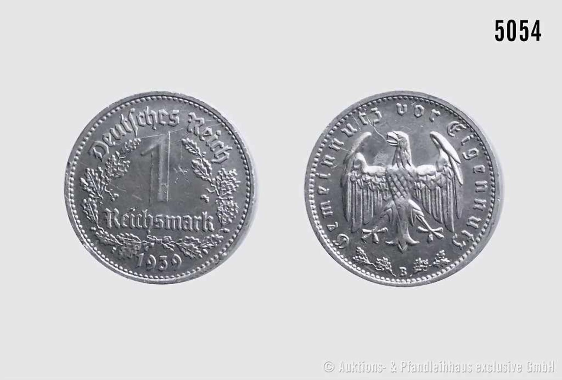 Drittes Reich, 1 Reichsmark 1939 B. Vs. DEUTSCHES REICH, 1 / REICHSMARK im Eichenlaub, unten 1939.