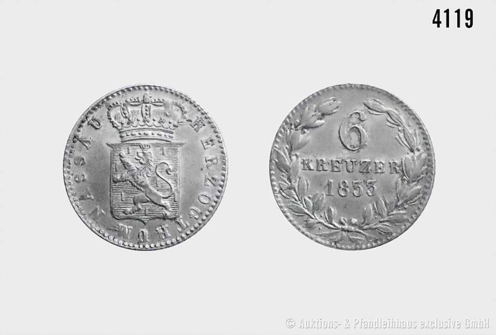 Herzogtum Nassau, 6 Kreuzer 1833. 2,38 g; 20 mm. AKS 47; Jaeger 40, 47. Patina, vorzüglich.- - -19.