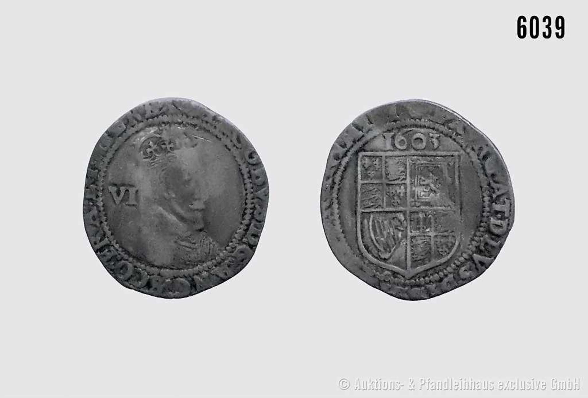 Großbritannien, James I. (1603-1625), Sixpence 1603. Vs. Gekrönte Porträtbüste des Königs nach