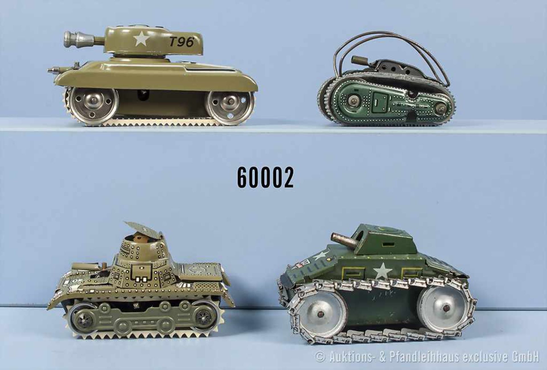 Konv. 4 Panzer, 3 x Gama und 1 x Arnold, lith. Blechausf. mit Uhrwerkantrieb, L bis 9,5 cm, guter