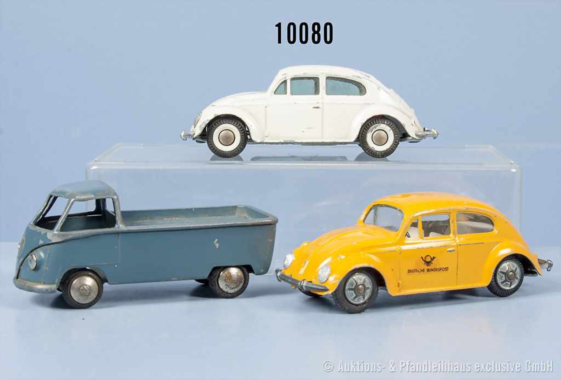 Konv. 3 Tekno VW-Modelle, 2 x Käfer, 1 x Pritsche, lack. Metallgußausf., M ca. 1:43, teilweise etwas