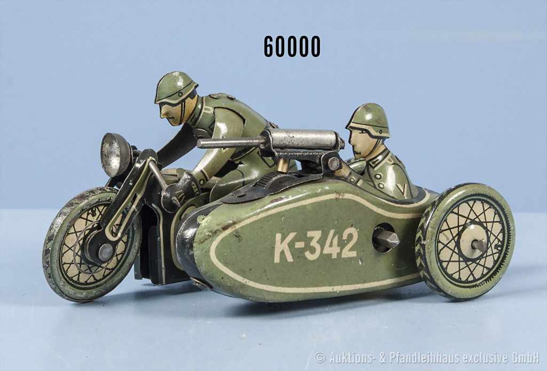 Kellermann 342 Militärmotorrad mit Beiwagen, lith. Vollblechausf. mit Uhrwerkantrieb, L 10 cm, guter