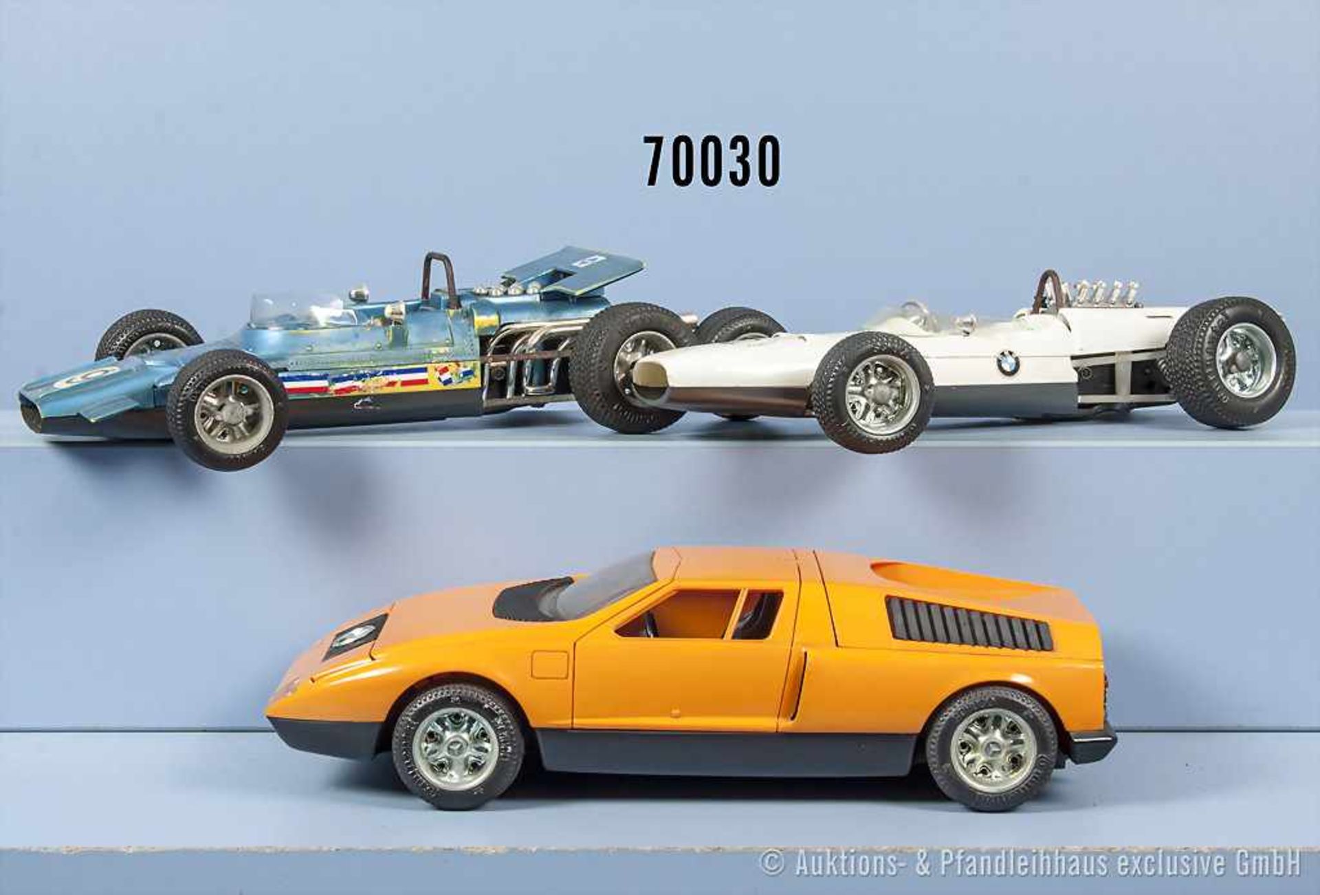 Konv. 3 Schuco Fahrzeuge, Matra Ford Formel 1, BMW Rennwagen Formel 2 und Mercedes C 111,