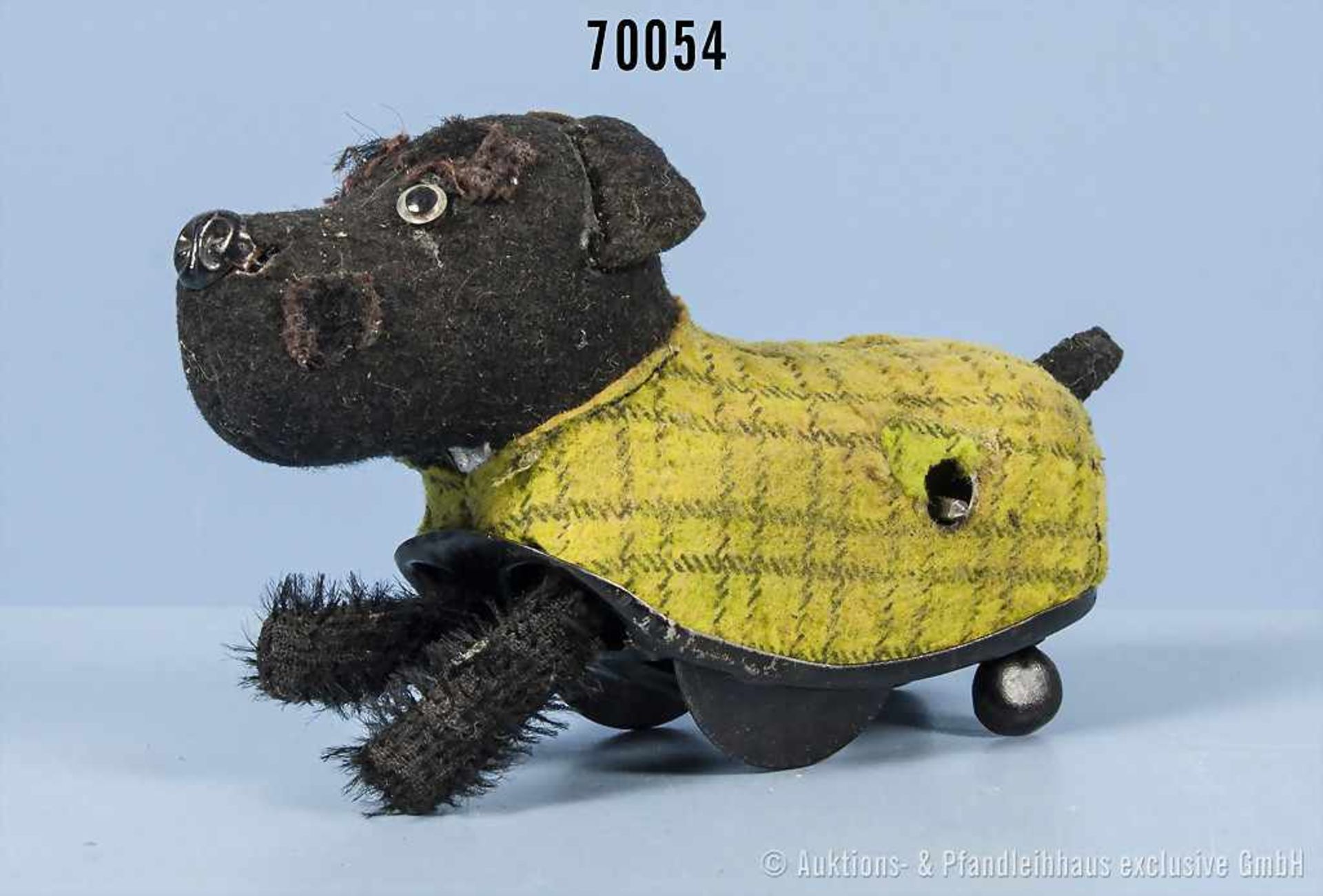 Schuco Hund, Blechkörper mit Filz und Stoff bezogen, originelle Funktion, Uhrwerkantrieb, L 13,5 cm,