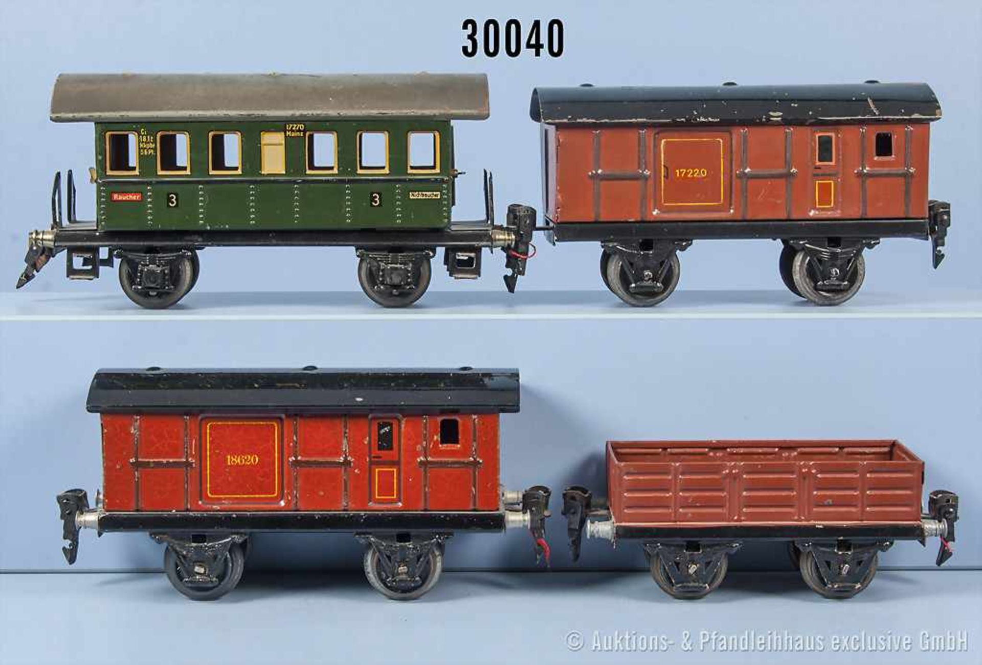 Konv. 4 Märklin Spur 0 Wagen, dabei 1727 Personenwagen, 2 Angeltüren zum Öffnen, 1722 Gepäckwagen,