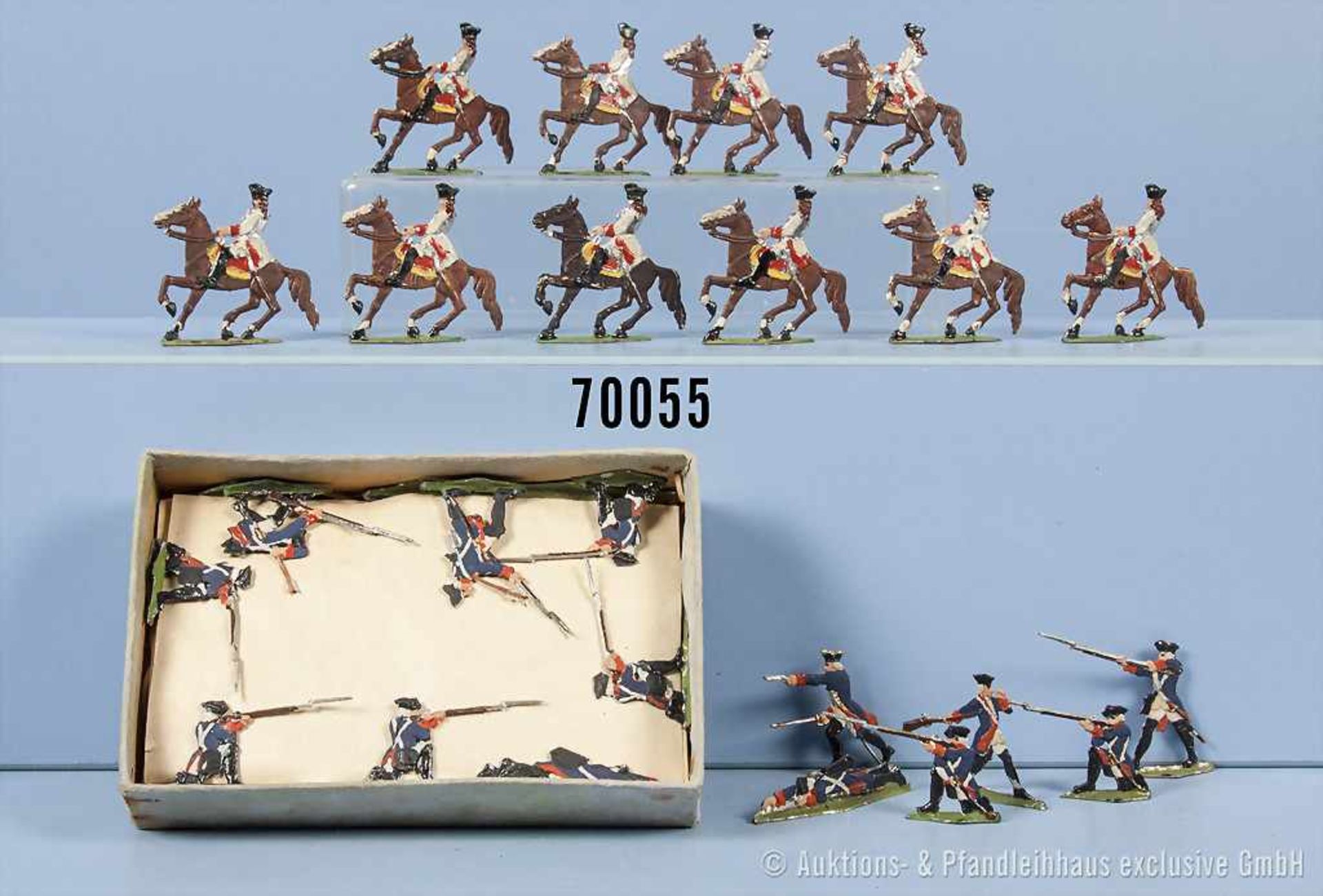Konv. ca. 40 Zinnsoldaten, preußische Infanterie kämpfend und 20 österreichische Kürassiere 1750