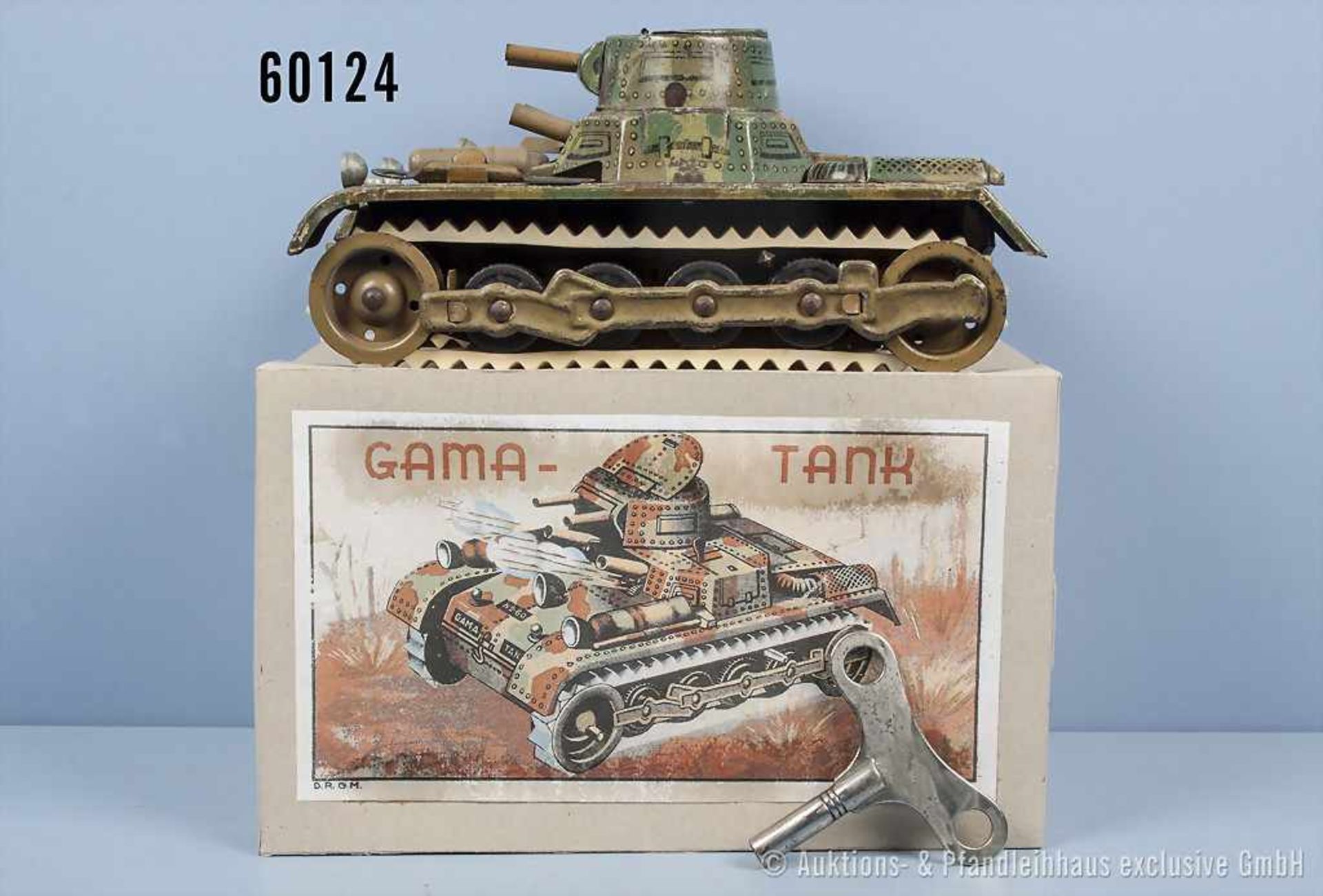 Gama Panzer Nr. 60, mimikry lack. Blechausf. mit Gummiketten, starker Uhrwerkmotor mit Start/