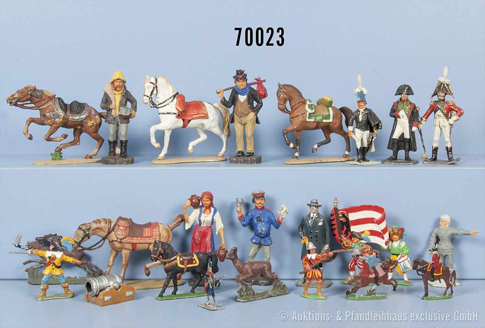 großes Konv. Zinnfiguren, dabei Landsknechte, Tiere, Pferde, napoleonische Soldaten usw., halb-