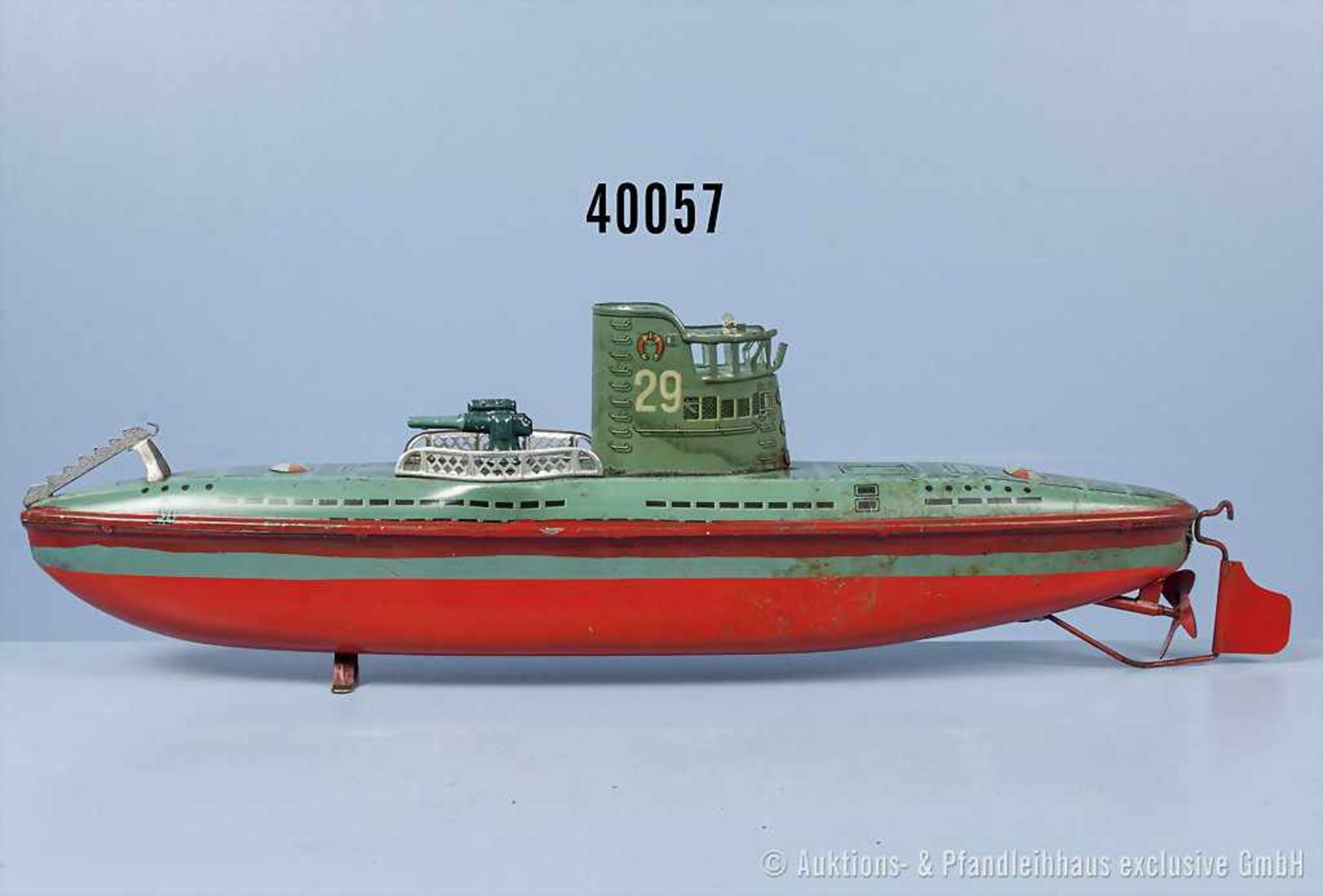 Arnold U-Boot Nr. 29, lith. und lack. Blechausf., Uhrwerkantrieb (rutscht durch), L 31 cm,