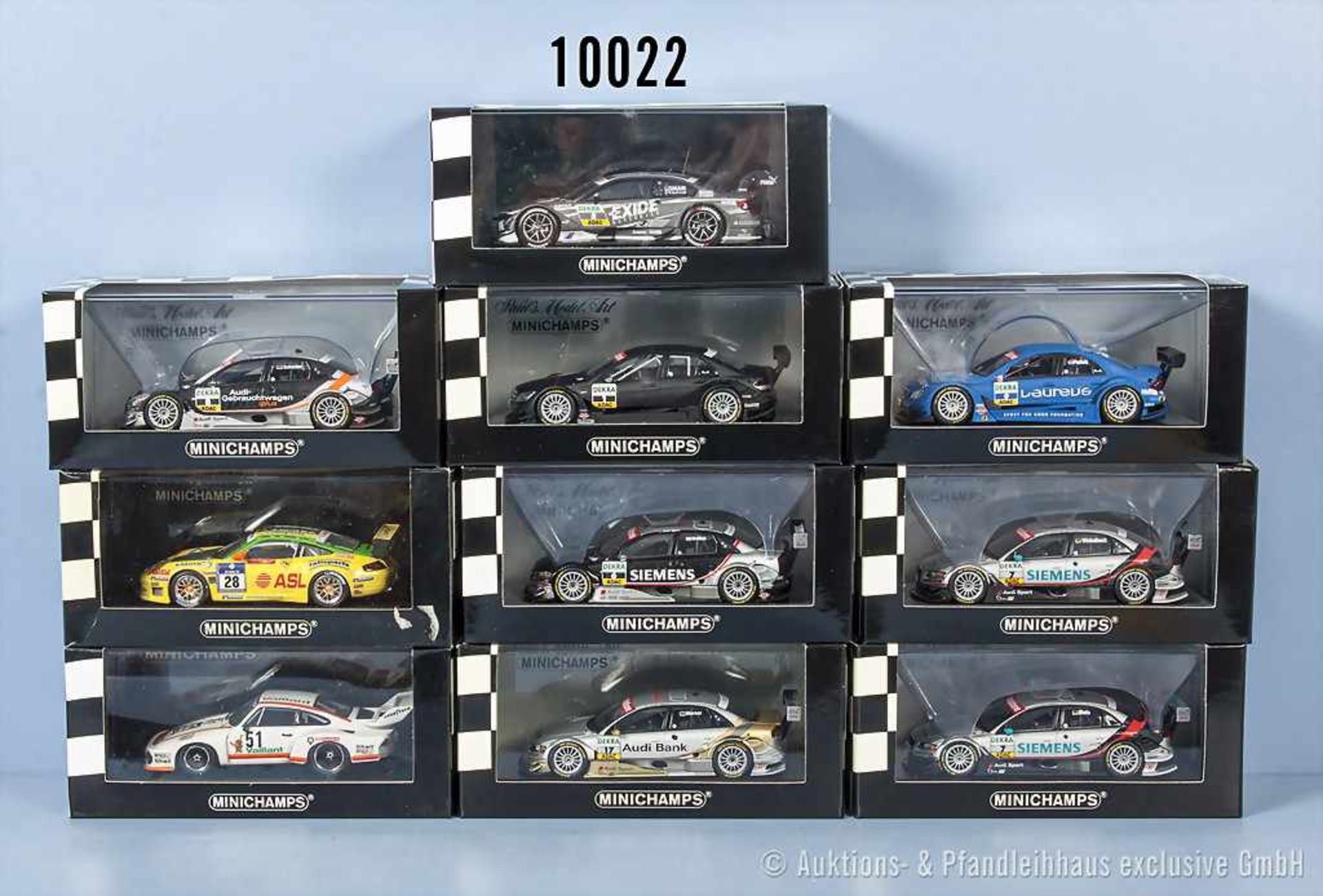 Konv. 10 Minichamps Modellfahrzeuge, Sport- und Rallyeausf., M 1:43, lack. Metallgußausf.,