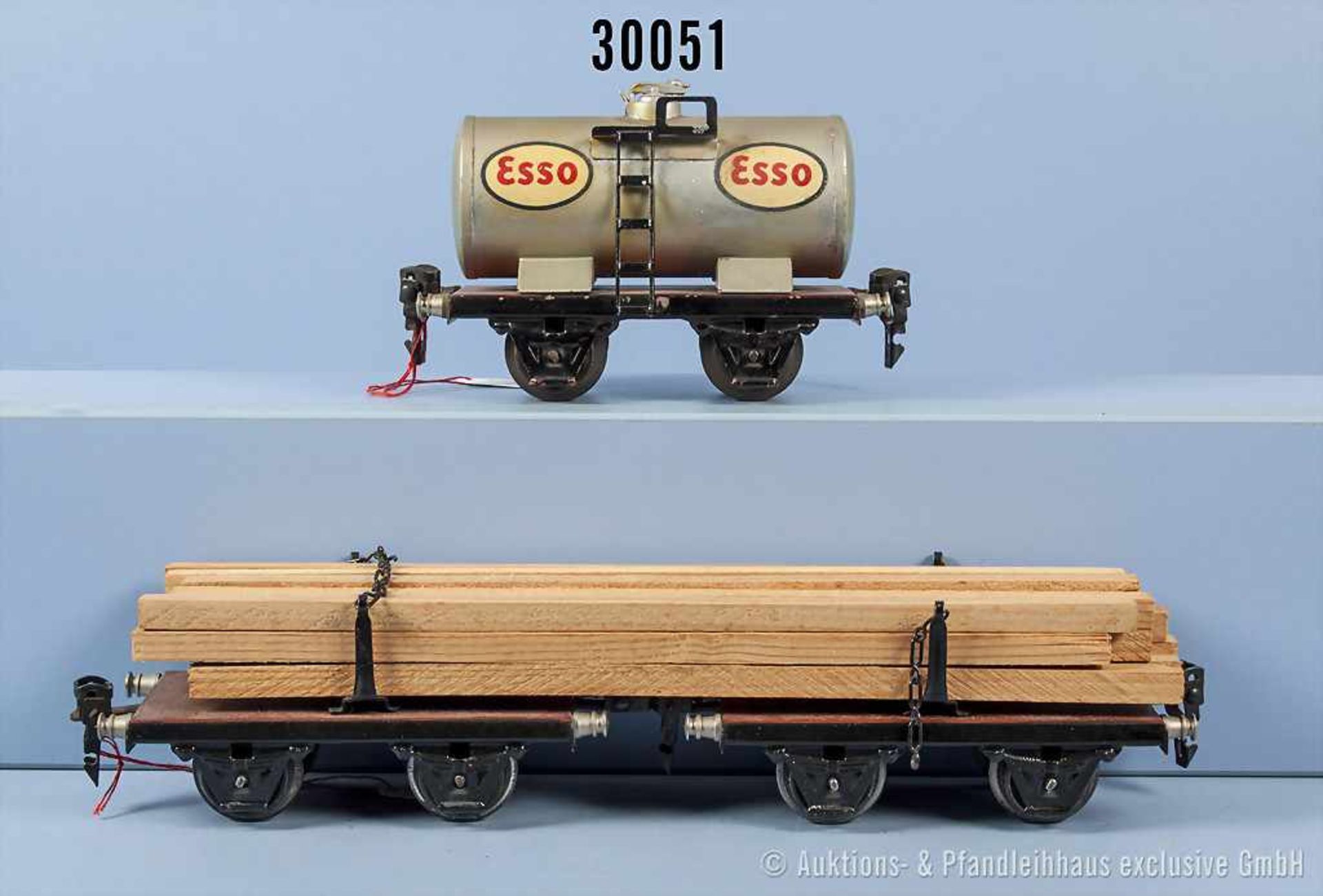 Konv. 2 Märklin Spur 0, Güterwagen, dabei 1961 G 2-teiliger Drehschemelwagen mit Holzladung, 2 x 2-