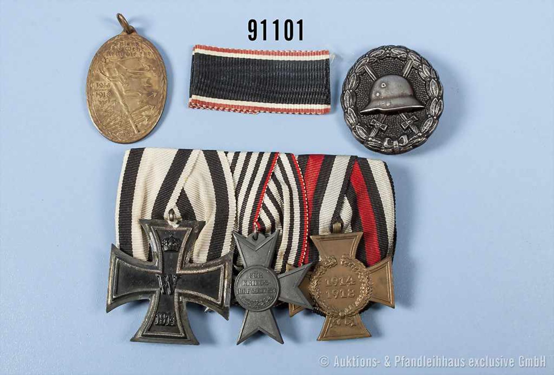 Konv. 3er Ordensspange, EK 2 1914 am Nichtkämpferband, Preußen Kriegshilfsdienstkreuz und EKT