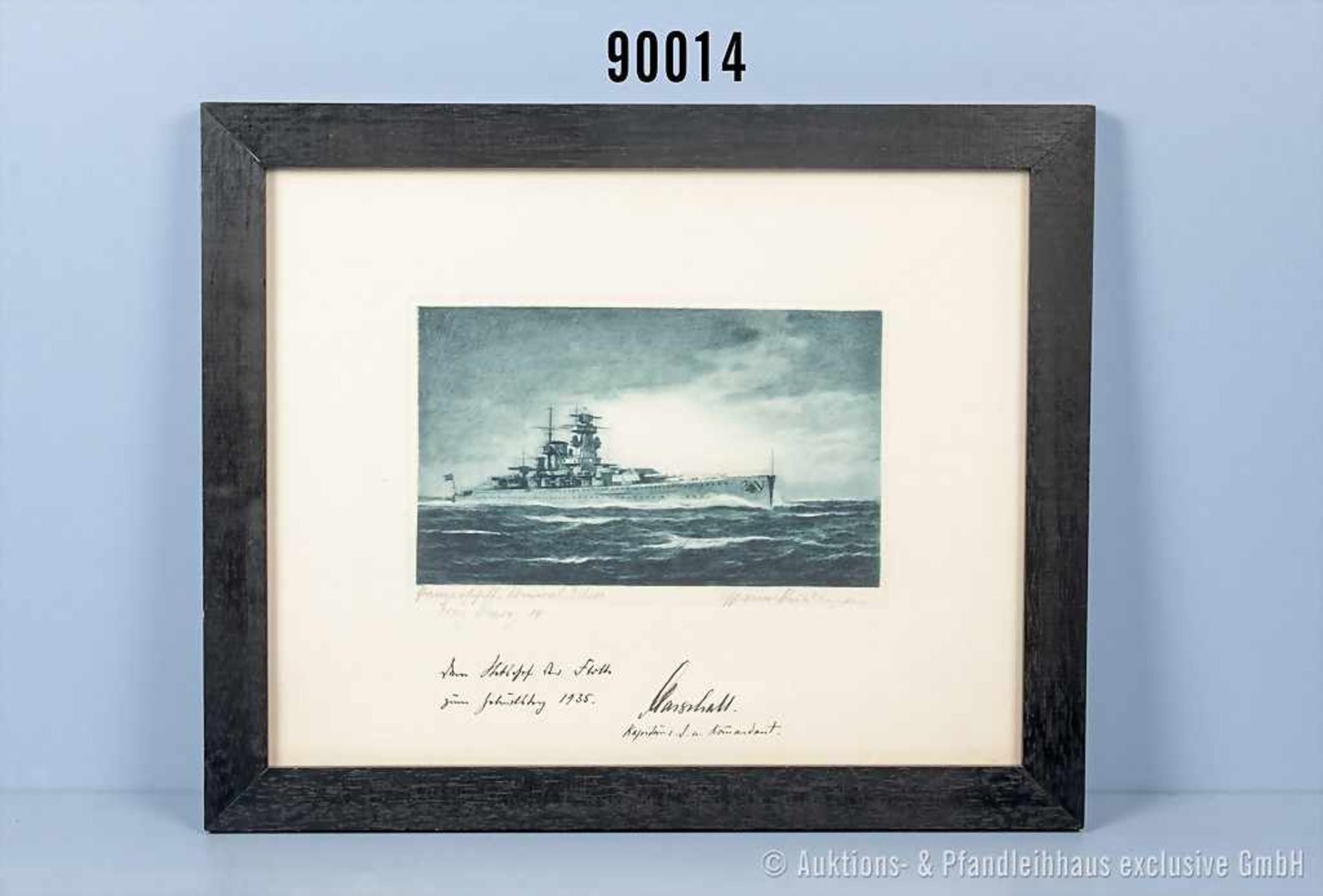 originale Lithographie des Panzerschiffs Admiral Scheer, Geschenk an Otto Schiewind zu seinem