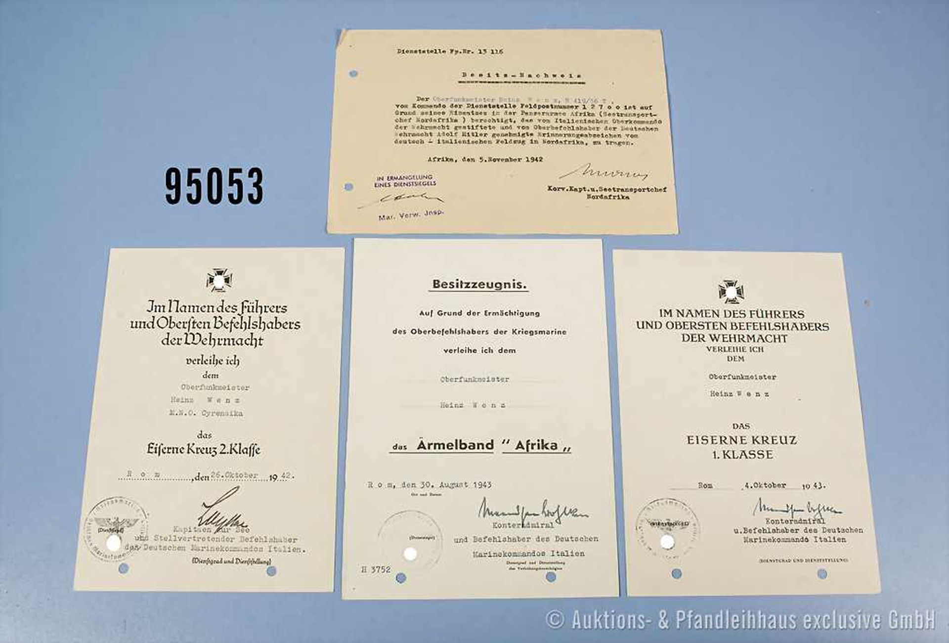 Kriegsmarine Dokumentennachlass eines Oberfunkmeisters "M. N. O. Cyrenaika", EK 2 1942, Besitz-