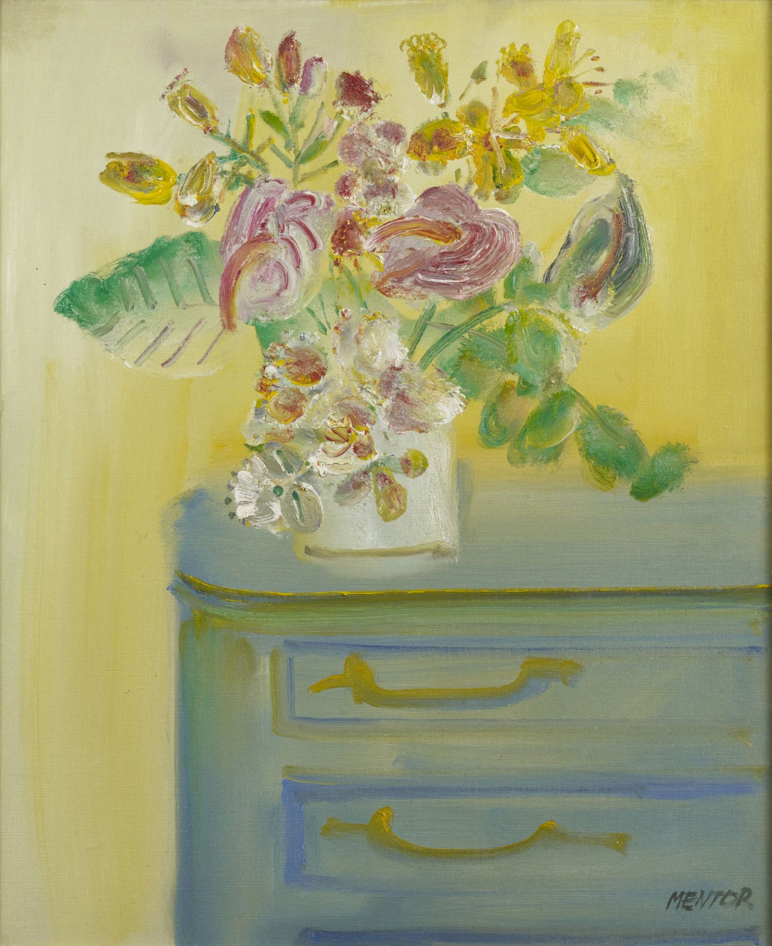 Blasco MENTOR (1919-2003) - Bouquet à la commode - Huile sur toile signée en bas à [...]