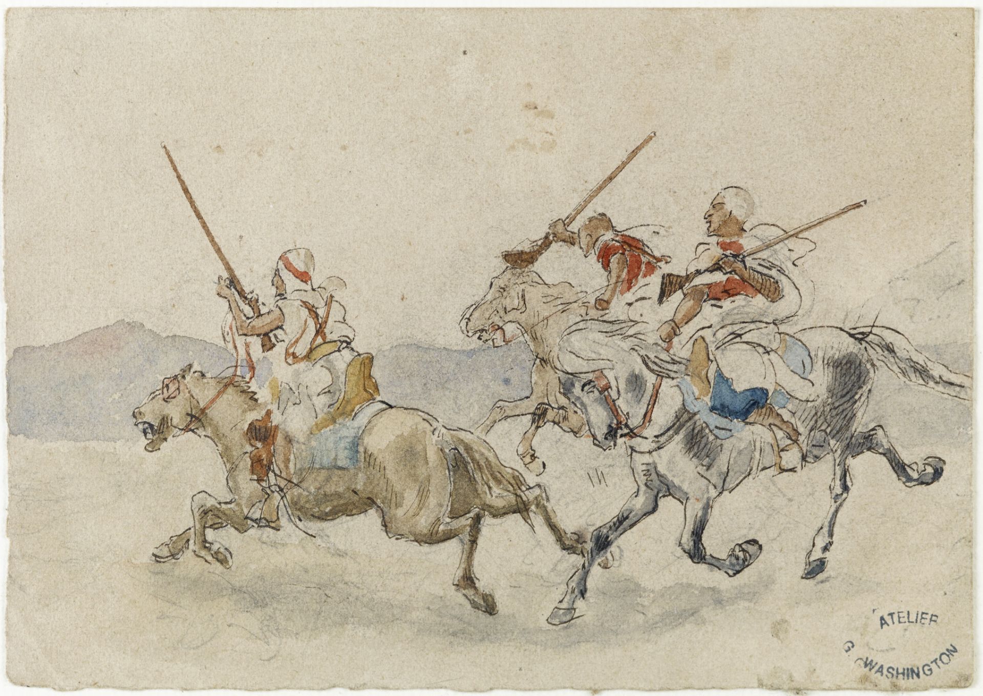 Georges WASHINGTON (1827-1910) - Trois cavaliers - Aquarelle - Cachet de l'atelier en [...]