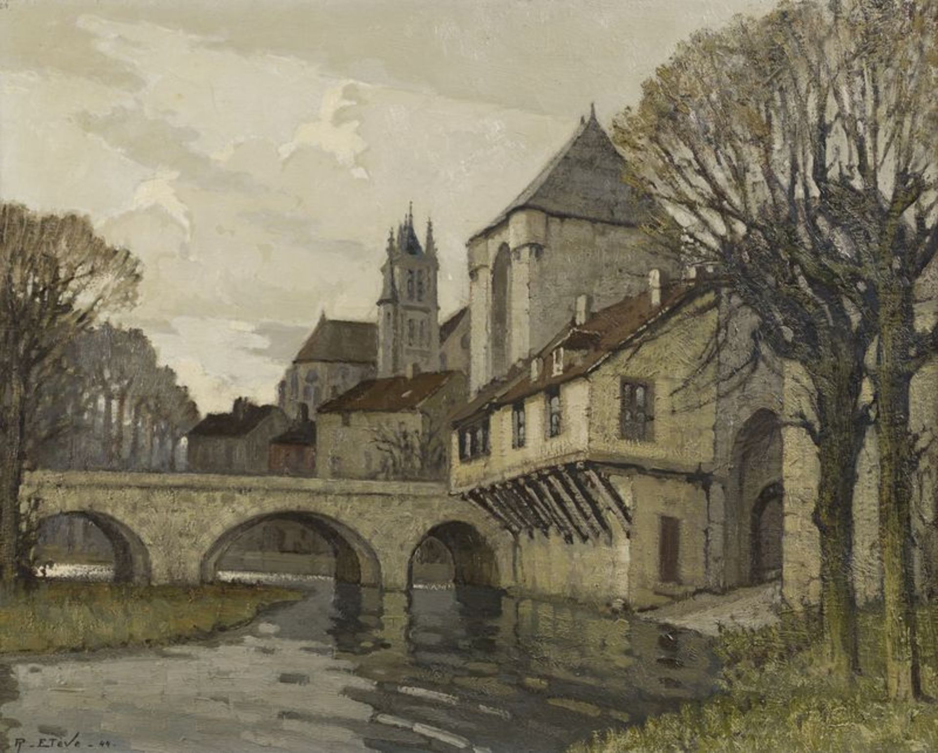 Félix Raoul ETEVE (1902- 1967) Pont dans un village - Huile sur toile signée ne bas [...]