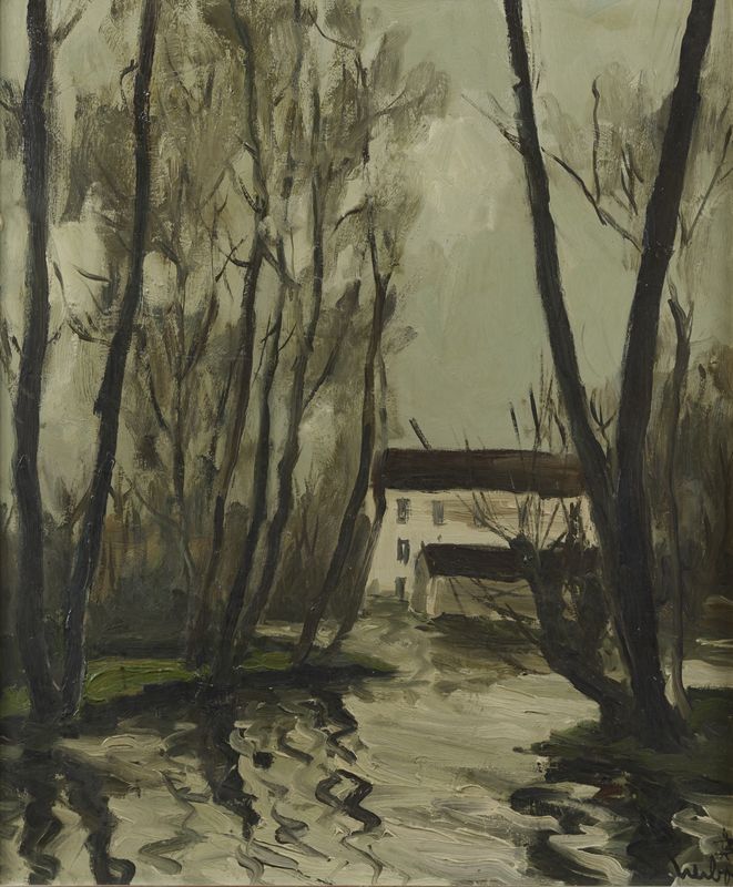 Fernand HERBO (1905- 1995) - La maison au borde de l'eau -Huile sur isolrel signée [...]