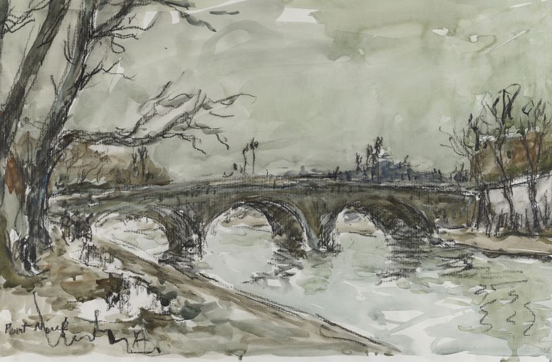 Fernand HERBO (1905- 1995) - Pont Marie - Aquarelle lavis et crayon gras signé et [...]