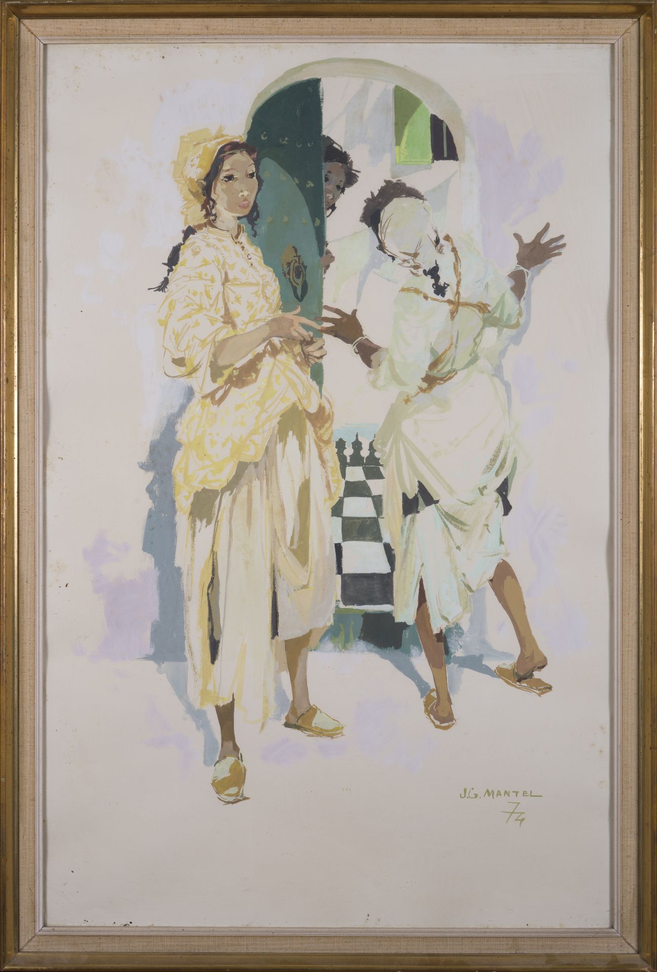 Jean GASTON MANTEL - Jeunes marocaines sur le pas de la porte - Gouache signée en [...] - Bild 3 aus 3