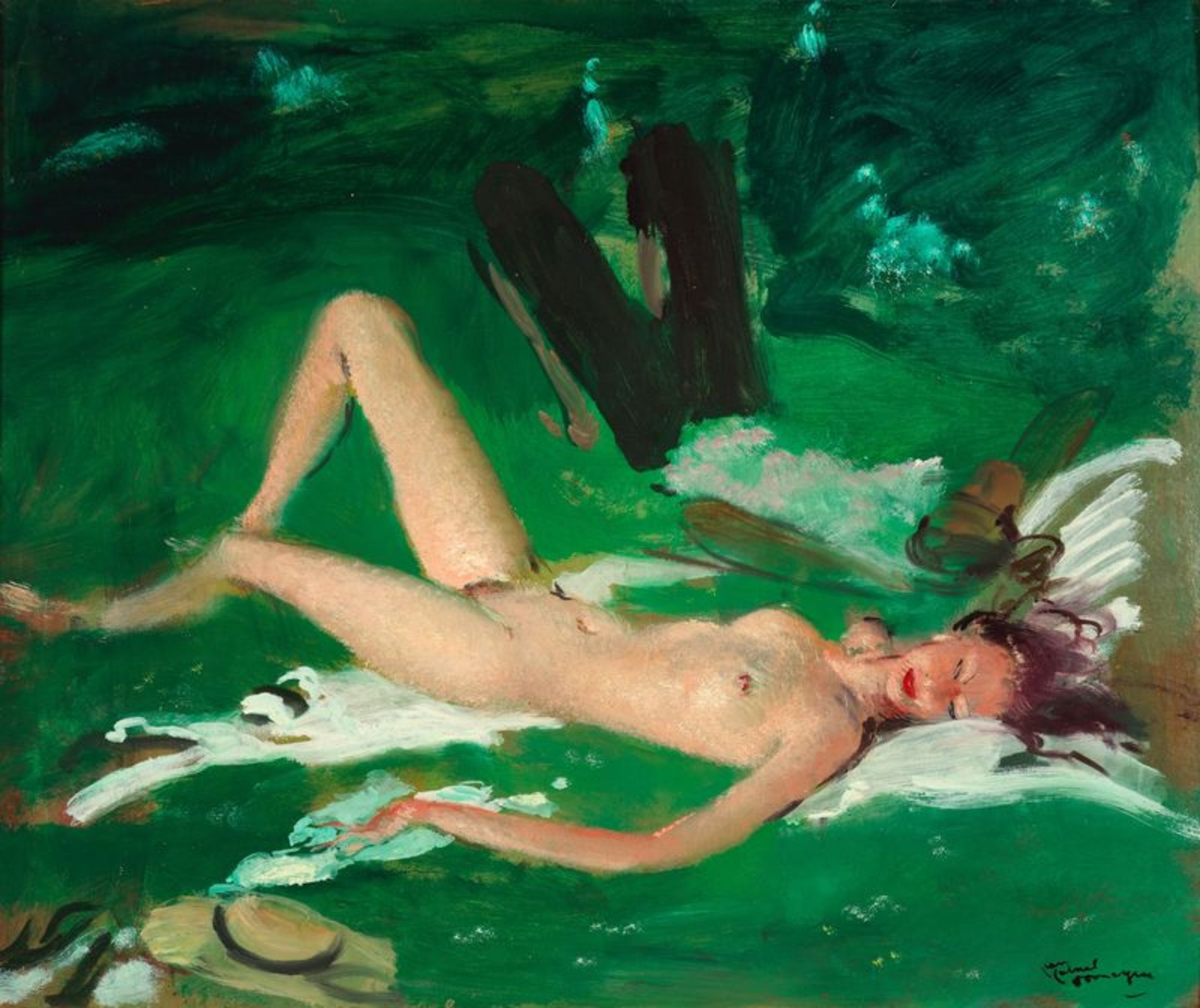 Jean-Gabriel DOMERGUE (1889-1962) - Nu sur l'herbe - Huile sur carton - Signée en [...]