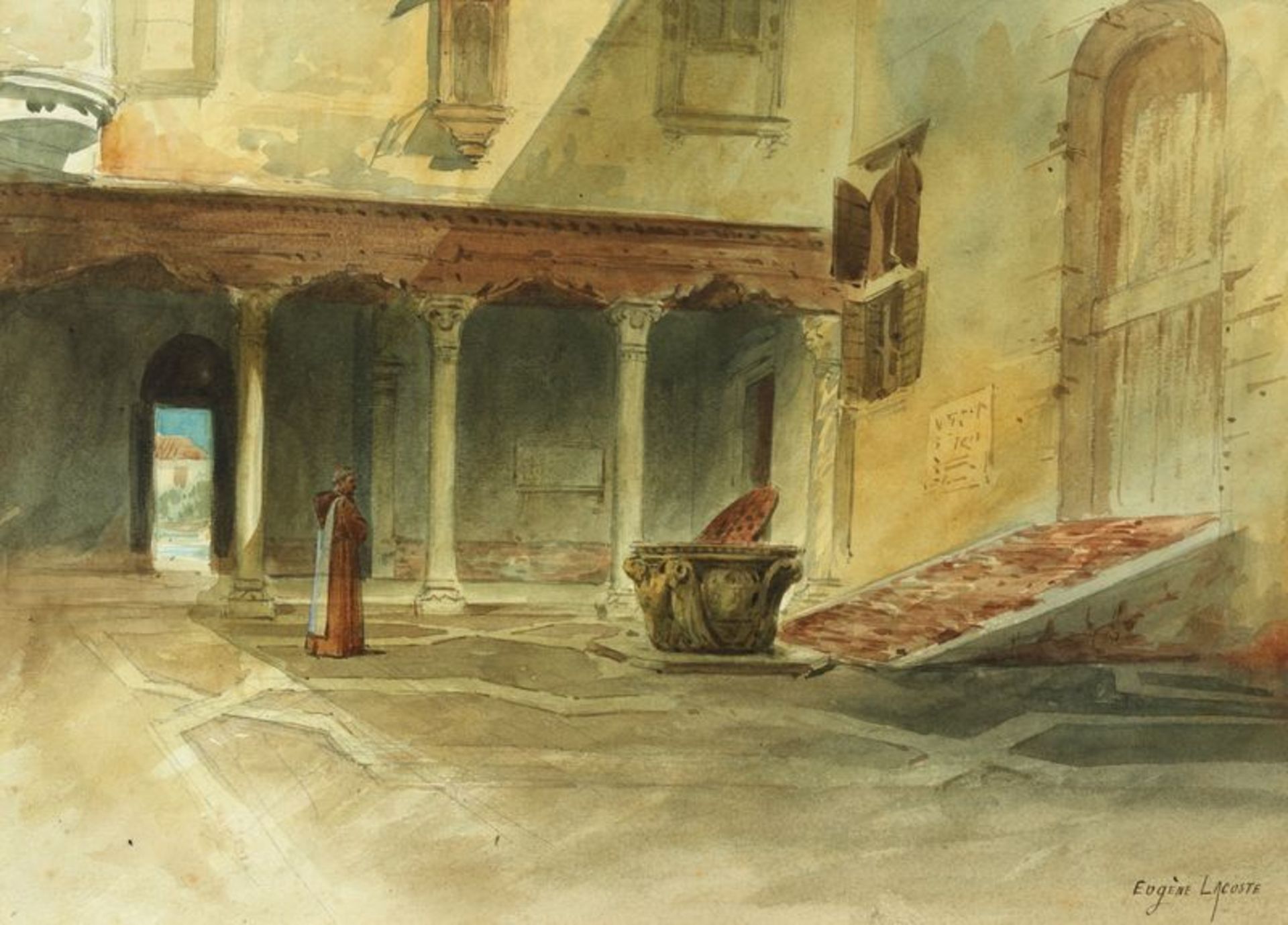 Pierre Eugène LACOSTE (1818-1908) - Moine dans un couvent - Aquarelle signée en bas [...]