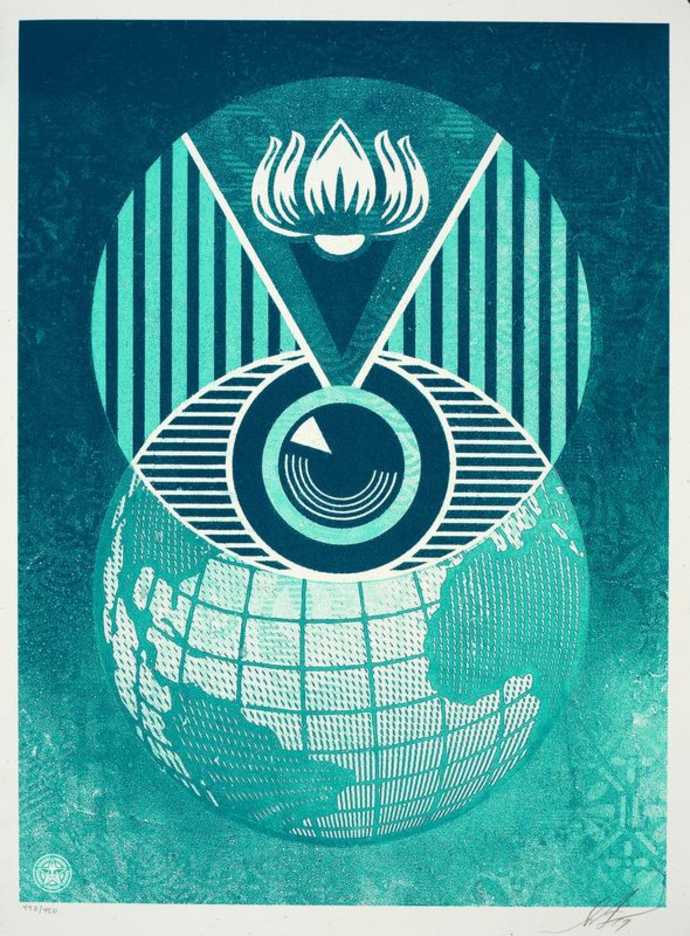 Shepard FAIREY (1960) - Flint Eye Alert Globe - Sérigraphie signée au crayon en bas [...]